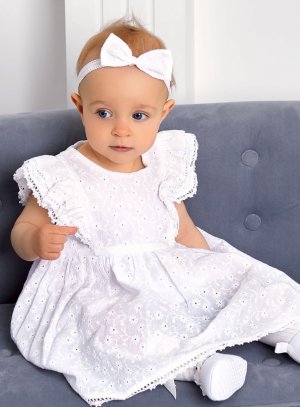 SOLDES - Robe cérémonie bébé fille coton avec bandeau