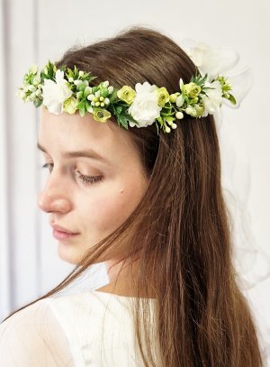 Couronne de Fleurs Ivoire et Feuillage Champêtre