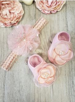 Chaussettes effet chaussons et bandeau vieux rose pour cérémonie bébé fille rose poudre