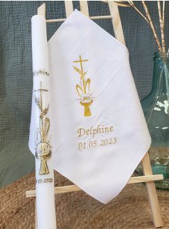 Set mouchoir + bougie communion " Croix, Hostie et Calice"