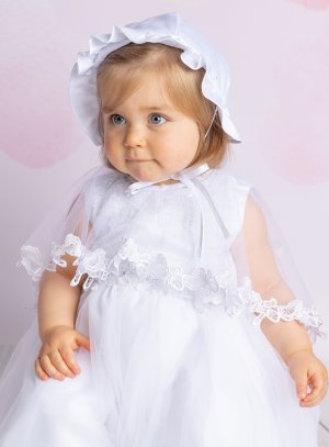 Robe de baptême bébé fille blanche en dentelle, perles, satin